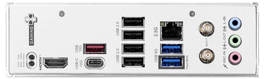 Rückseite eines PC-Gehäuses mit Anschlüssen: HDMI, USB-C, mehrere USB 2.0 und 3.0, Ethernet, Audioanschlüsse in verschiedenen Farben.