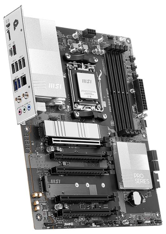 Eine Computer-Motherboard-Platine mit mehreren PCIe-Steckplätzen, RAM-Bänken und Anschlüssen. Markiert als Pro-Serie.