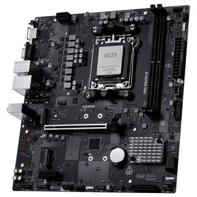 Eine Computer-Motherboard mit DDR4-RAM-Steckplätzen, einem CPU-Sockel und verschiedenen Anschlüssen für Konnektivität, entwickelt für Desktop-PCs.
