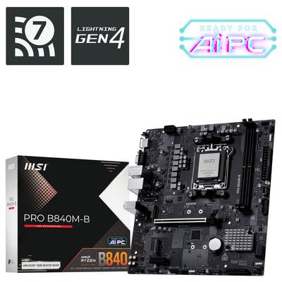 MSI PRO B840M-B Mainboard mit Lightning Gen4-Unterstützung, gezeigt mit seiner Verpackung. Kompatibel mit AMD Ryzen 7000 Series, KI-PC bereit.