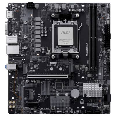 Eine Hauptplatine mit einem CPU-Sockel, mehreren Steckplätzen für RAM und Erweiterungskarten, verschiedenen beschrifteten Anschlüssen und Steckverbindern.