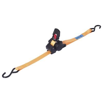 Ein orangefarbener Spanngurt mit schwarzen Haken an beiden Enden, verwendet zum Sichern schwerer Lasten. Der Ratschenmechanismus ist schwarz mit einem roten Hebel.