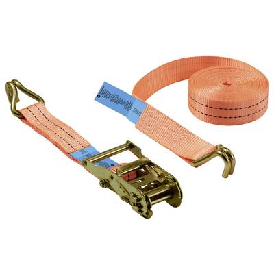 Orangefarbener Zurrgurt mit Metallhaken und blauem Etikett, verwendet zum Sichern von Ladung. Der Gurt ist teilweise aufgerollt und zeigt seine Flexibilität.