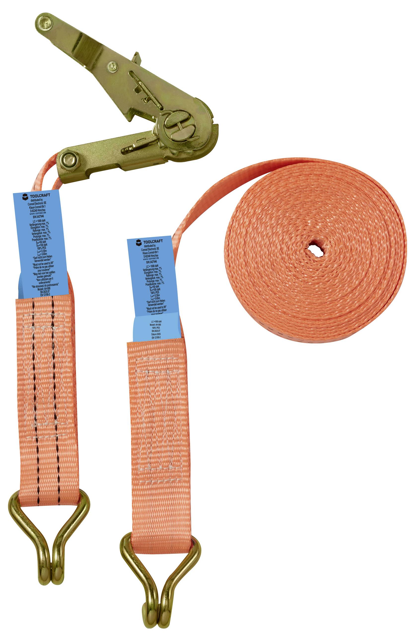 'Orangefarbenes Spanngurt mit Hakenenden, blauen Markierungen und Metallratschenmechanismus. Verwendet zum Sichern von Ladung während des Transports.'