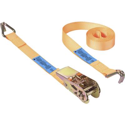 Ein orangefarbener Spanngurt mit Haken und einem blauen Etikett, verwendet zum Sichern von Ladung.