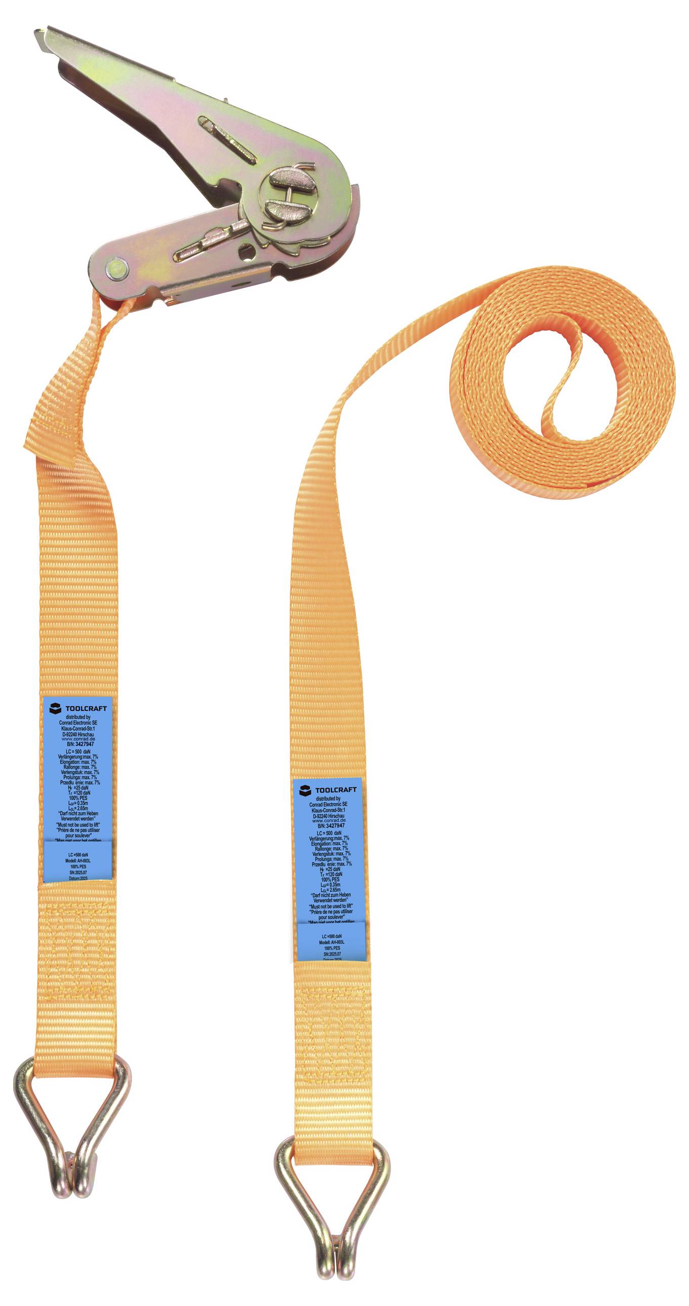 Ein Spanngurt mit orangefarbenem Gurtband, Metallhaken an beiden Enden und einem Ratschenmechanismus zum Spannen, der üblicherweise zum Sichern von Ladung verwendet wird.