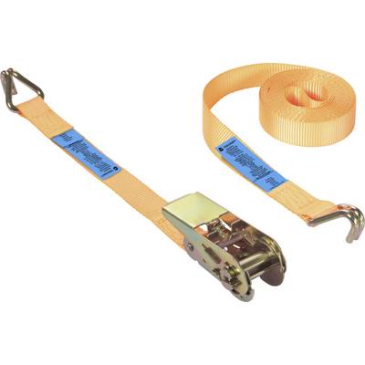 Ein orangefarbener Ratschengurt mit Metallhaken und einem blauen Etikett ist an einem Ende aufgerollt und am anderen Ende vollständig ausgefahren.
