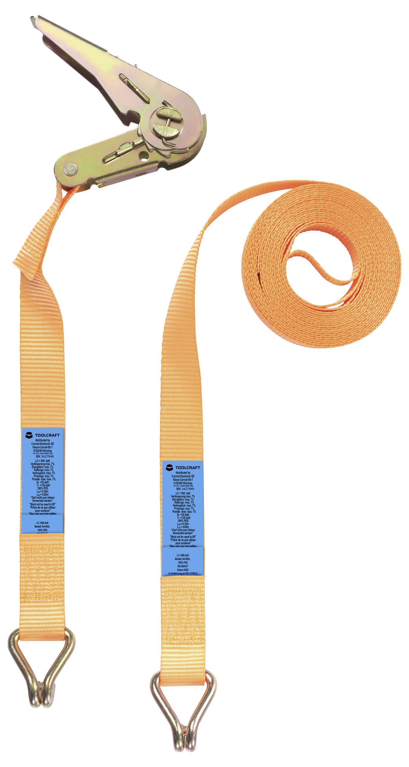 Ein orangefarbener Spanngurt mit Haken an den Enden, verwendet zum Sichern von Ladung.