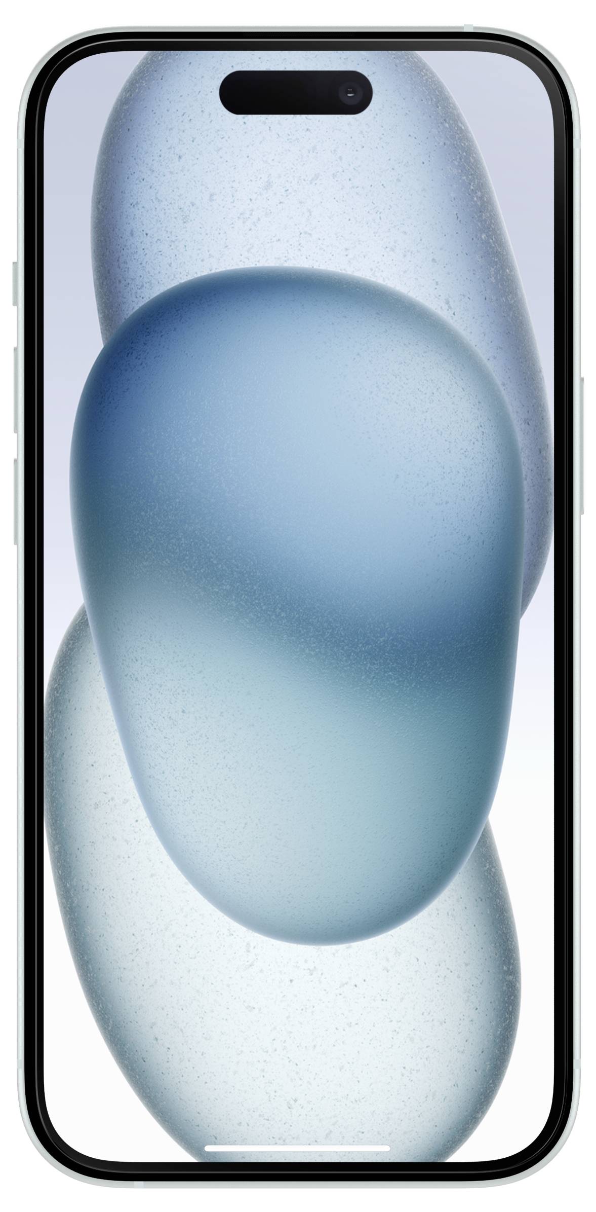 Vorderansicht eines Smartphones mit schwarzem Rahmen und pillenförmigem Kameraausschnitt, das eine abstrakte blau-weiße Tapete zeigt.