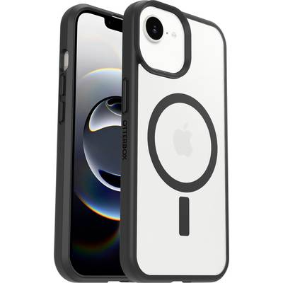Zwei schwarze OtterBox-Handyhüllen, die auf einem iPhone gezeigt werden, eine vorne und eine hinten, die die Kameraaussparung und das MagSafe-Ringdesign hervorheben.