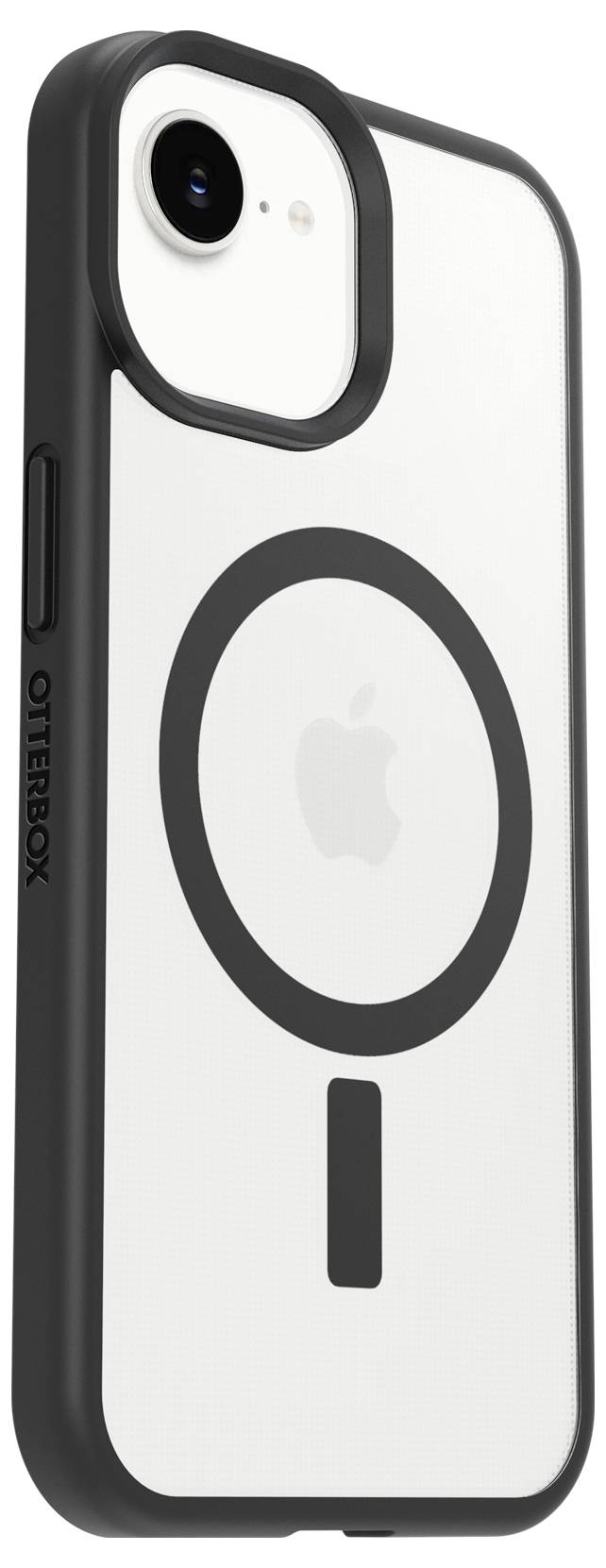 Weißes OtterBox iPhone-Etui mit schwarzem Rand und MagSafe-Ring, in Nahaufnahme von hinten und von der Seite gezeigt.