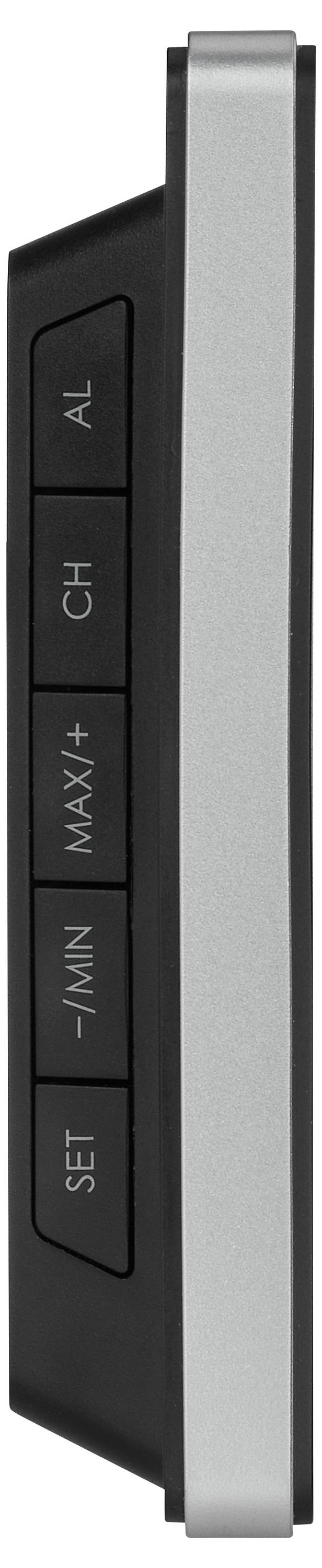 Silberfarbene Fernbedienung seitlich gezeigt, zeigt vier schwarze Tasten: 'AL', 'CH', 'MAX+', 'MIN-'.