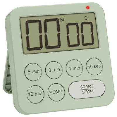 Eine digitale Küchenuhr mit grüner Hülle zeigt '00:00' an. Tasten für Countdown-Einstellungen (5 min, 3 min, etc.) und 'Start/Stop'.