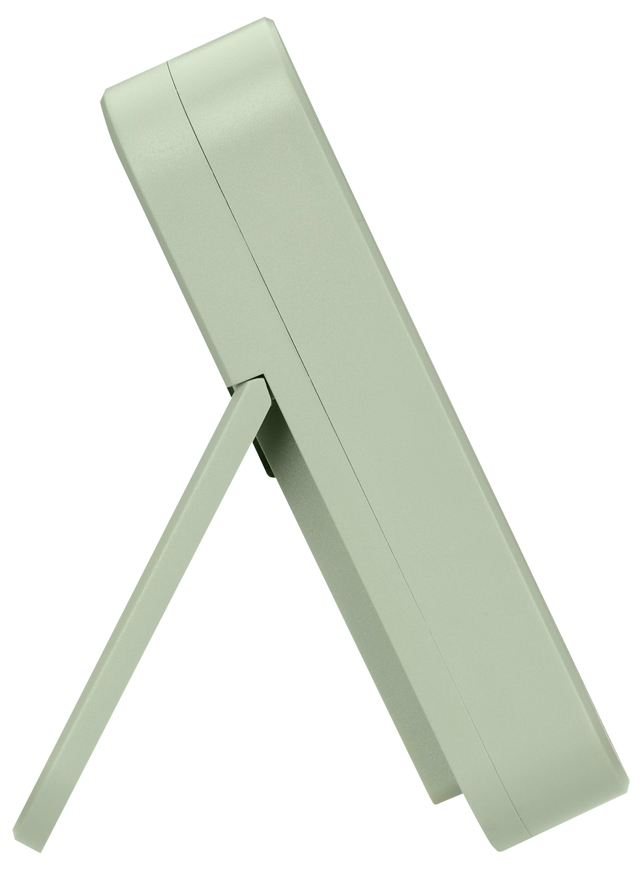 Ein rechteckiger Standspiegel in Seitenansicht, zeigt den schlanken Rahmen und den klappbaren Ständer in hellgrüner Farbe.