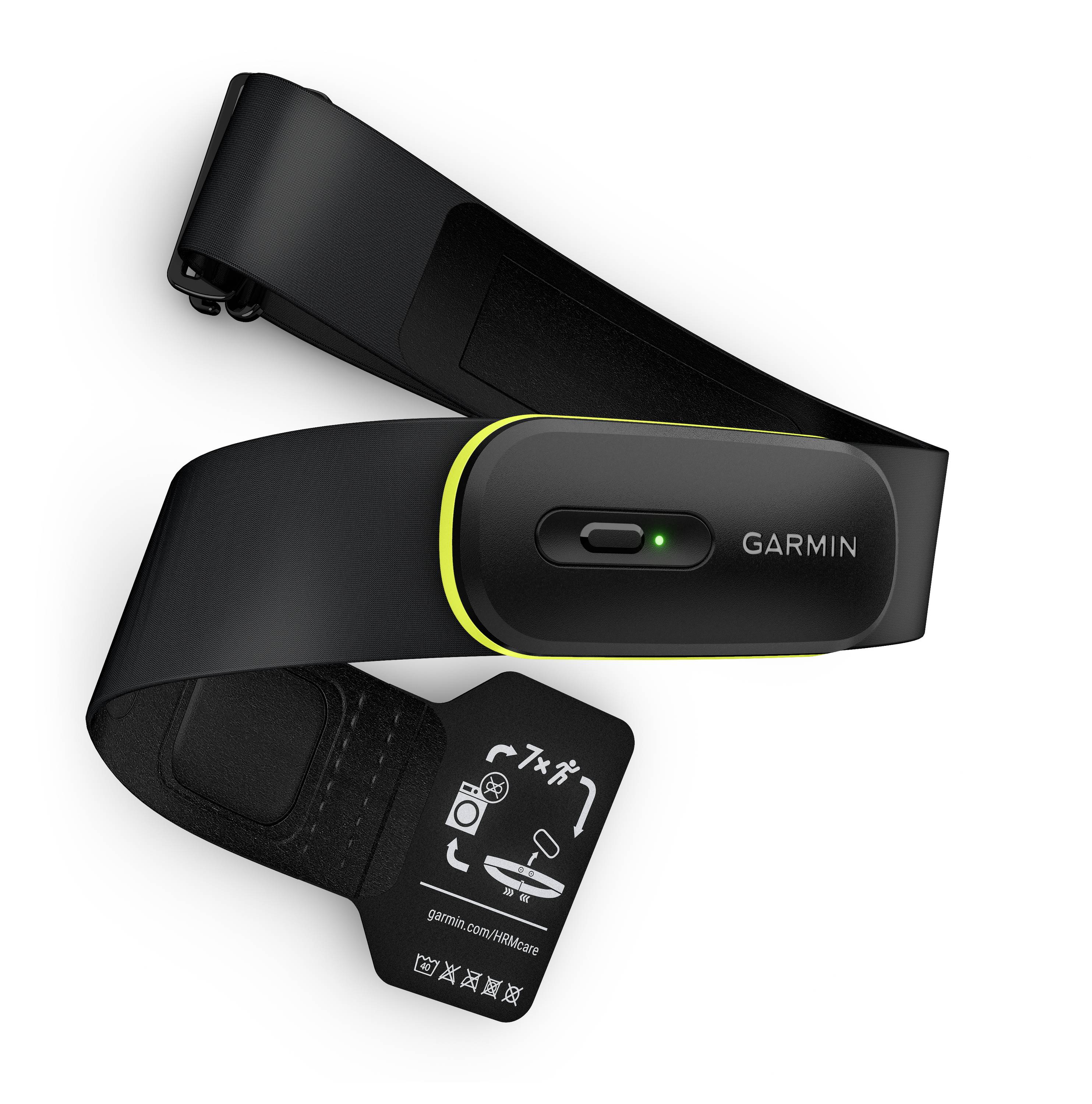 Schwarzer Garmin Herzfrequenz-Brustgurt mit gelbem Rand und grünem LED-Licht, zeigt Tragevorschriften-Symbol und Gebrauchsanleitung.