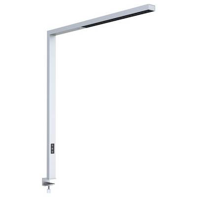 Moderne, schlanke Tischlampe mit rechteckigem Leuchtenkopf, verstellbarem Arm und Steuerungsfeld am Standfuß. Ideal für Arbeitsplätze.