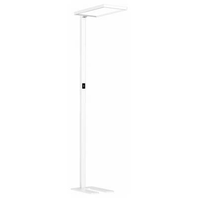 Weiße Stehlampe mit rechteckigem Lampenschirm und schlankem, geraden Ständer. Der Schalter befindet sich am oberen Teil des Ständers.