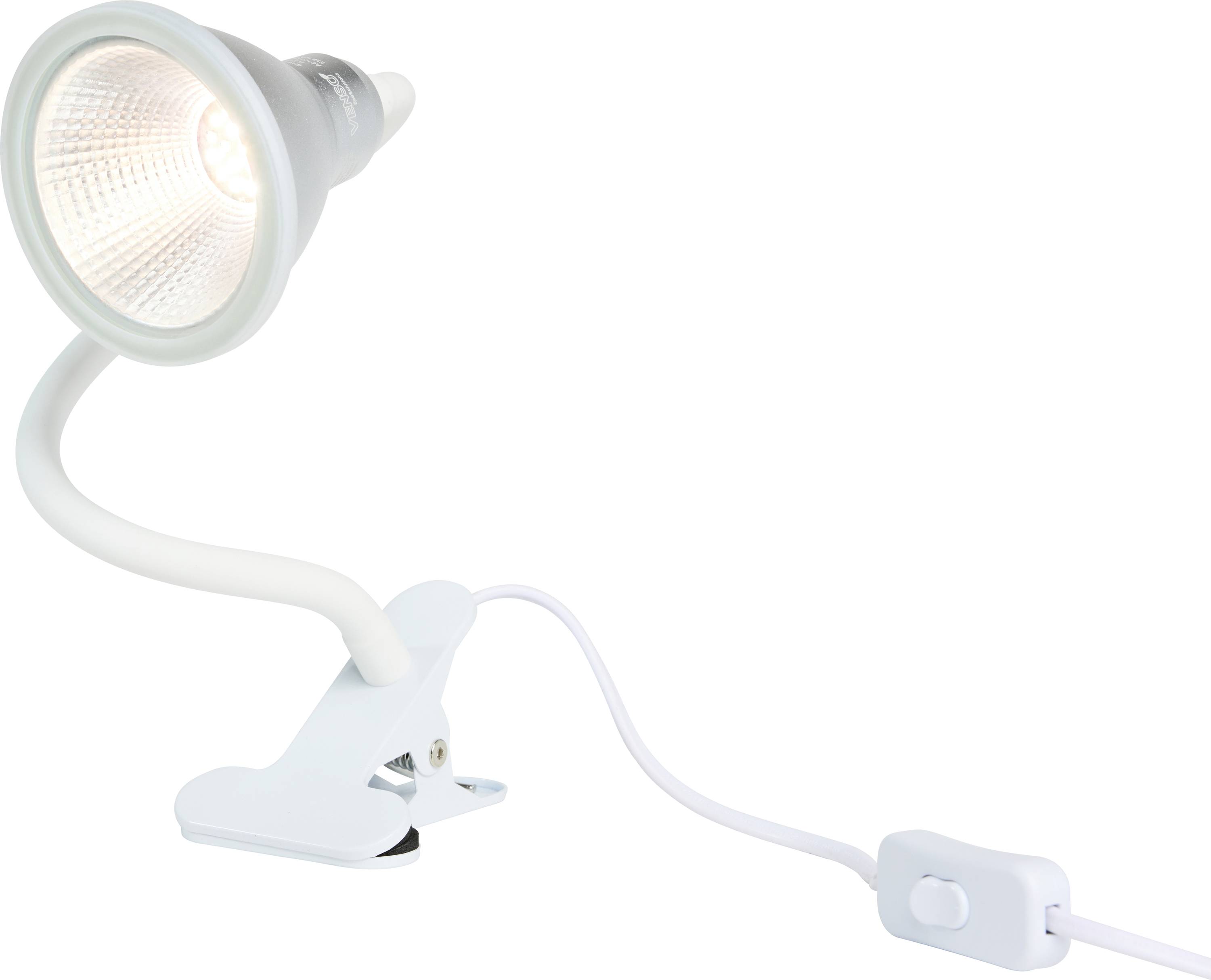 Weiße Tischleuchte mit biegsamem Arm und Klammerfuß. Die Lampe ist angeschaltet, ein Schalter befindet sich am Kabel.