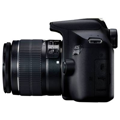 Digitalkamera von der Seite, mit 'EOS 2000D' Beschriftung sichtbar. Augenmerk auf das Objektiv und Bedienelemente.
