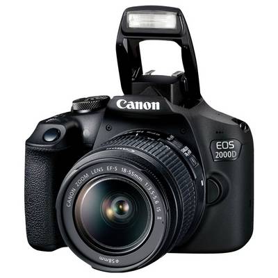 Digitalkamera mit Canon-Logo, Modell EOS 2000D. Sie hat einen Zoom-Objektivaufsatz und einen eingebauten Blitz.