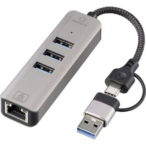 Renkforce RF-EAWH-300 USB-C® (USB 3.2 Gen 1) Multiport Hub mit eingebautem Netzwerk-Anschluss Grau