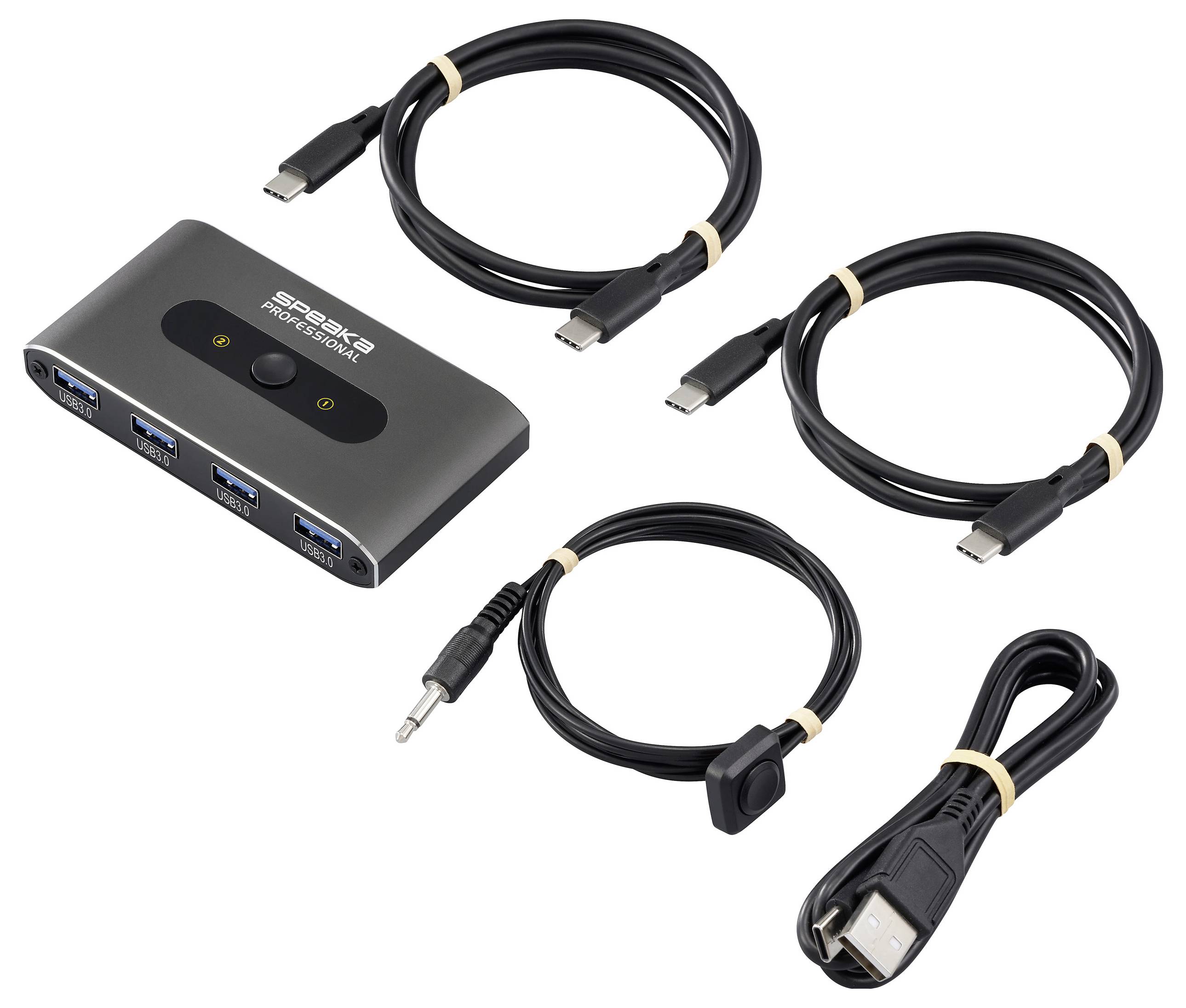 USB KVM-Switch mit drei USB-C-Kabeln, einem USB-A-Kabel und einem Audiokabel, entwickelt zum Anschluss mehrerer Geräte an eine einzelne Konsole.