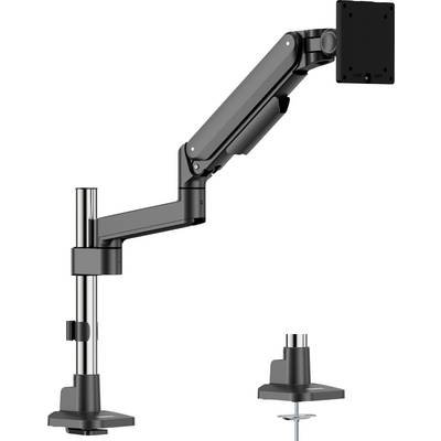 Höhenverstellbarer Monitorarm in Schwarz, montiert an einer vertikalen Stange mit Klemmhalterung. Geeignet für ergonomische Arbeitsplatzeinrichtungen und flexible Positionierung.