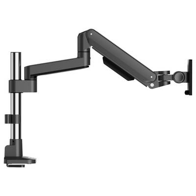 Ein verstellbarer schwarzer Monitorarm mit mehreren Gelenken, an einer Stange montiert, der für eine ergonomische Positionierung von Computerbildschirmen entwickelt wurde.