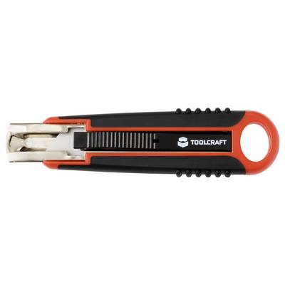 Ein schwarzes und rotes Universalmesser mit einziehbarer Klinge und einem 'Toolcraft' Logo auf dem Griff.