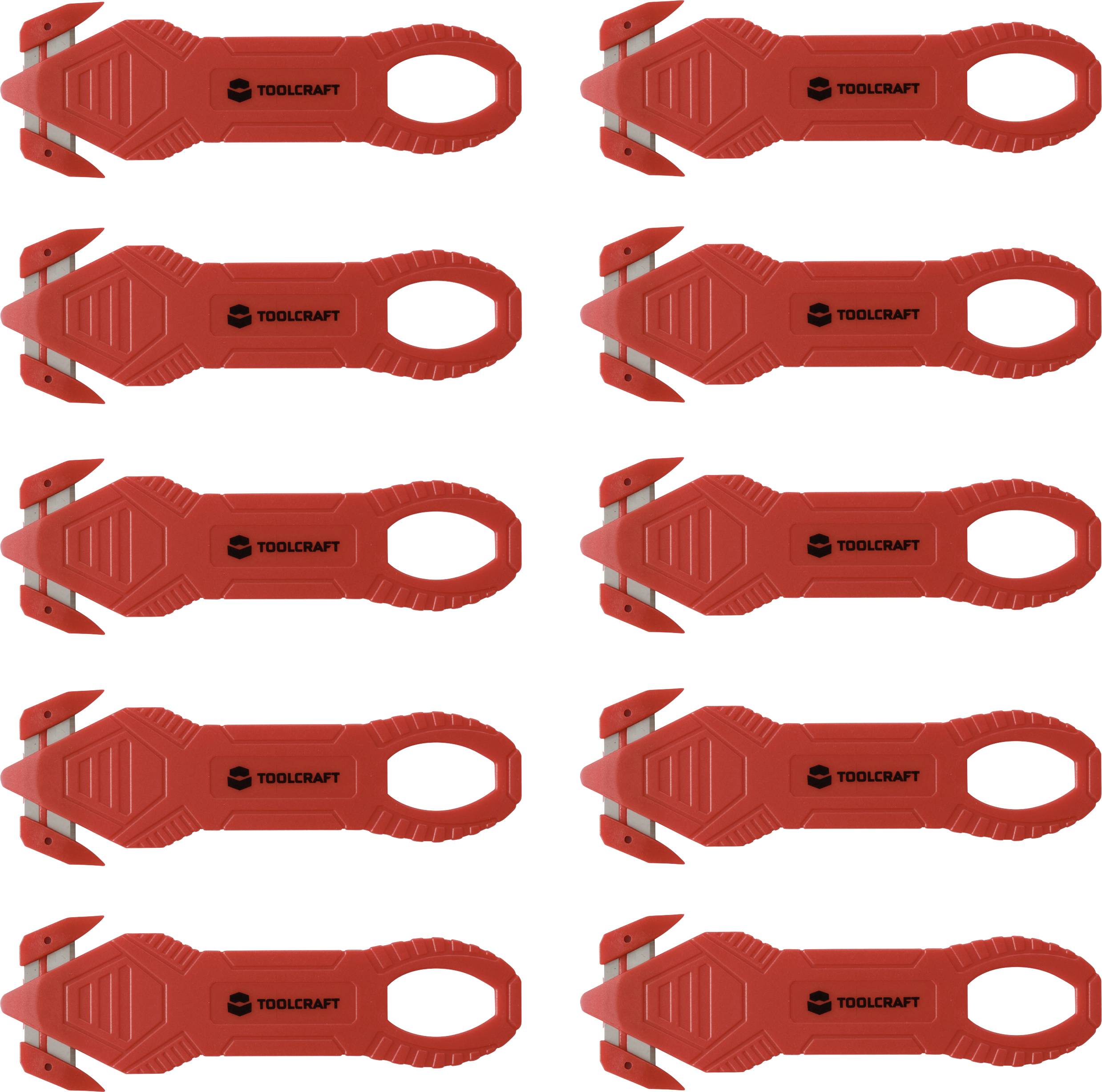 'Toolcraft' roter Kunststoff-Schaber mit Doppelklingen, in drei Reihen zu je drei dargestellt, wobei jede Reihe den Schaber aus unterschiedlichen Blickwinkeln zeigt.