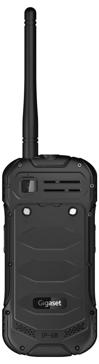 Ein robustes Funkgerät mit langer Antenne, schwarzem Gehäuse und der Aufschrift 'Gigaset'.