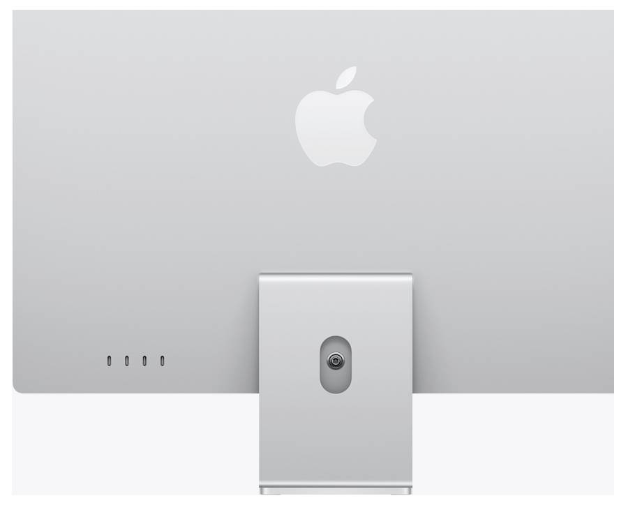 Ein silberner Apple-Computermonitor, von hinten betrachtet, mit dem Apple-Logo und verschiedenen Anschlüssen auf der linken Seite.