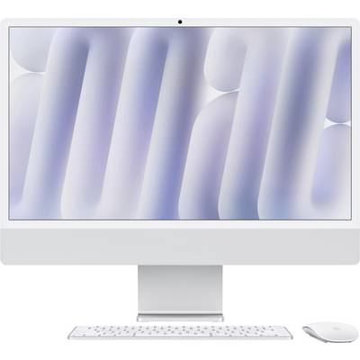 Ein schlankes, modernes Computersystem mit einem großen Bildschirm, einer kompakten Tastatur und einer drahtlosen Maus, das ein subtiles abstraktes Design auf dem Display aufweist.