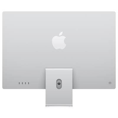 Rückansicht eines silbernen Apple-Monitors, der das Apple-Logo, den Ständer und die Anschlüsse am unteren Rand zeigt.