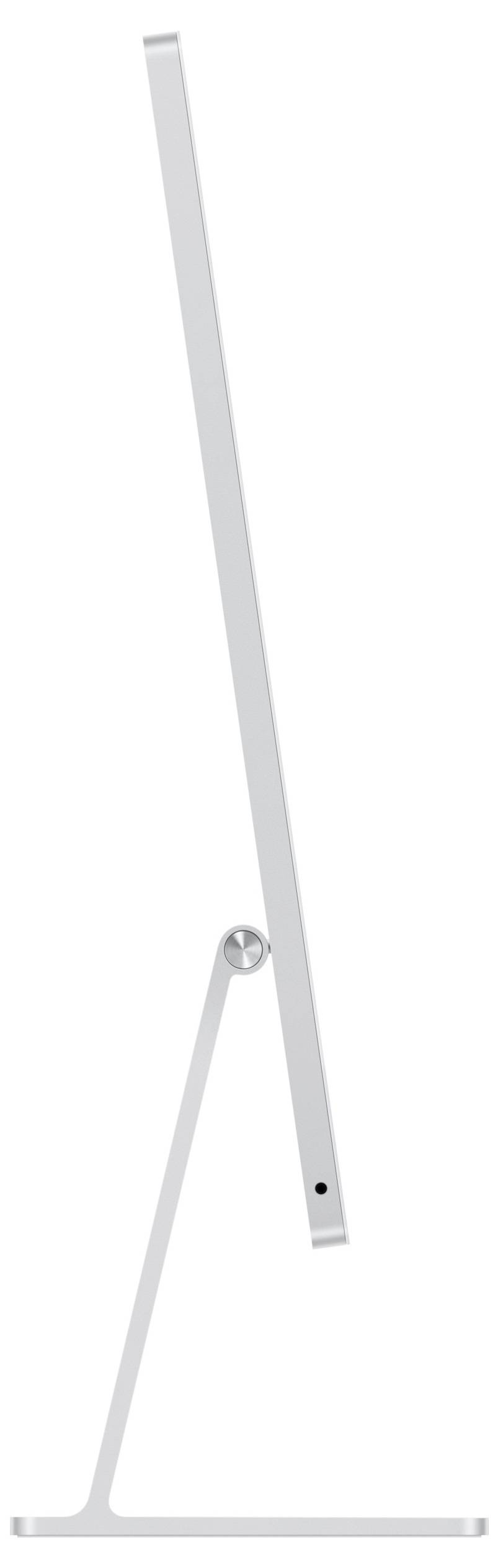 Seitenansicht eines schlanken, modernen Monitors auf einem minimalistischen Ständer, der sein elegantes und dünnes Design zur Geltung bringt.