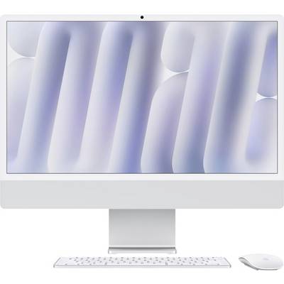 Ein schlanker, moderner Desktop-Computer mit einem Bildschirm mit schmalen Rändern, drahtloser Tastatur und Maus. Der Bildschirm zeigt ein minimalistisches abstraktes Muster.