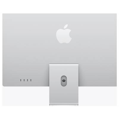 Das Bild zeigt die Rückansicht eines Apple iMac, der seinen Standfuß und die seitlichen Anschlüsse vor einem einfarbigen Hintergrund präsentiert.