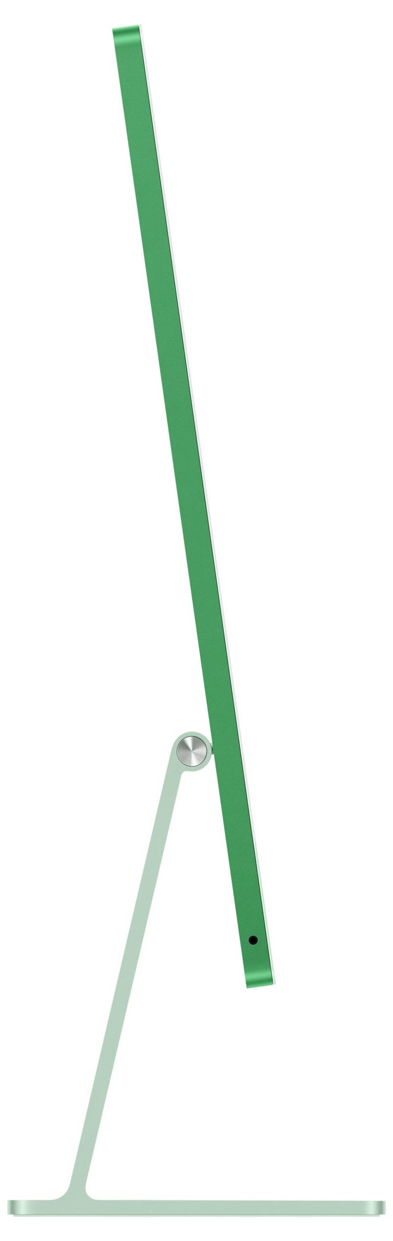 Ein dünner, grüner Desktop-Monitor wird von der Seite gezeigt, wobei sein schlankes Profil und das elegante Standfußdesign betont werden.