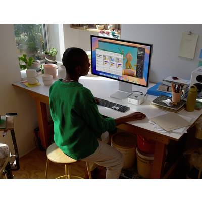 'Eine Person arbeitet an einem Computer in einem hellen Raum und nutzt ein kreatives Softwaretool. Der Schreibtisch ist umgeben von Kunstartikel und Topfpflanzen.'