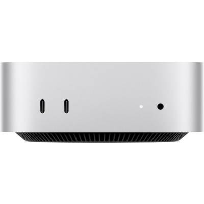 Ein kleiner, silberner Computer mit zwei USB-C-Anschlüssen, einer Leuchtanzeige und einem Kopfhöreranschluss an der Frontseite vor einem einfarbigen Hintergrund.