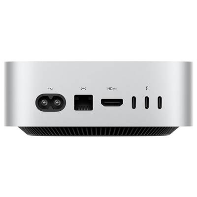 Rückansicht eines kompakten silbernen Computers. Sichtbare Anschlüsse: Stromversorgung, Ethernet, HDMI und drei Thunderbolt/USB-C-Ports.