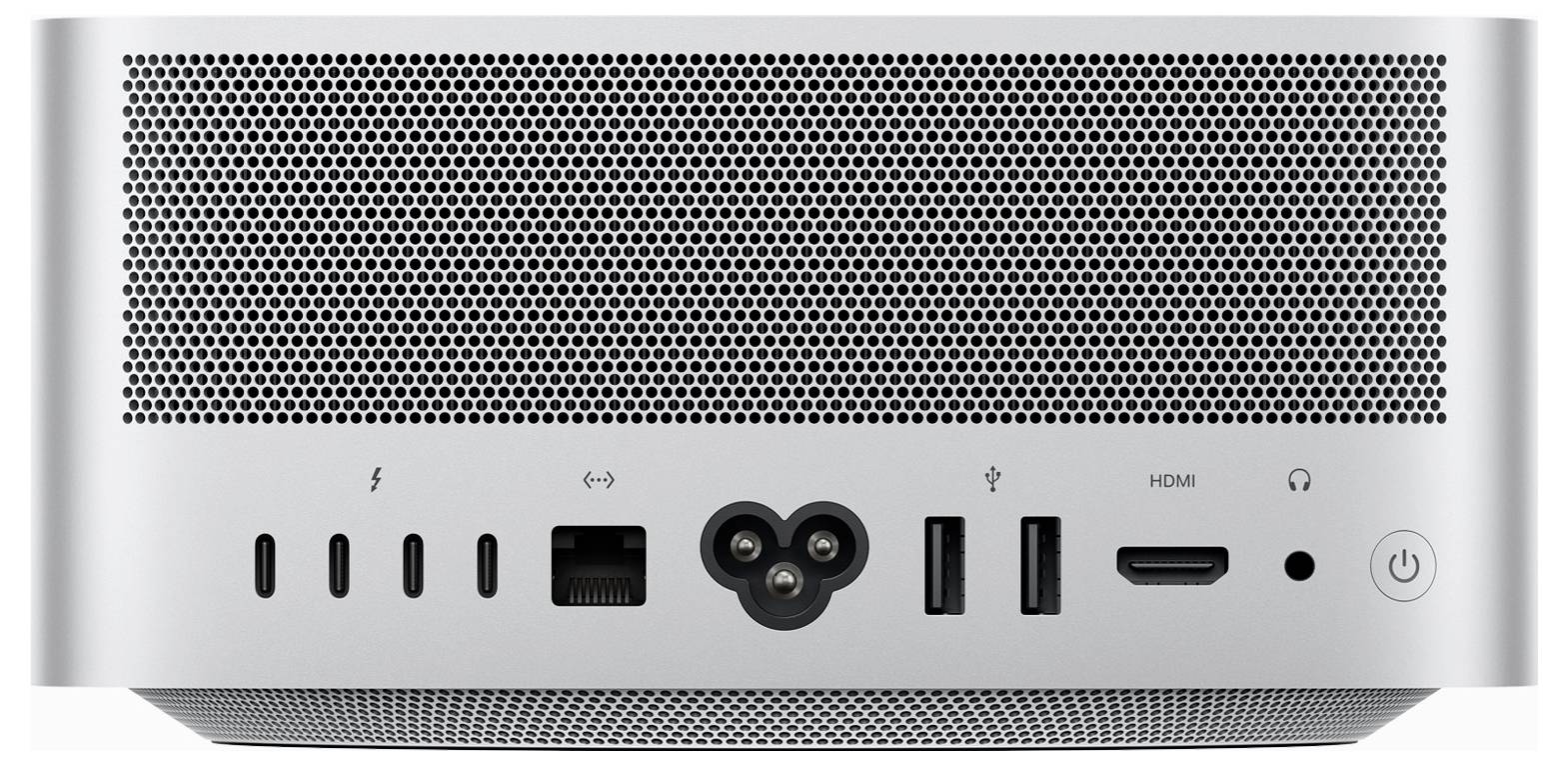 Das Bild zeigt die Rückseite eines Computergeräts mit mehreren Anschlüssen, darunter USB-C, Ethernet, HDMI, USB-A und einen Einschaltknopf.