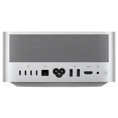 Rückansicht eines Computers mit verschiedenen Anschlüssen und Verbindungen, darunter Thunderbolt, Ethernet, USB, HDMI und einem Netzschalter.
