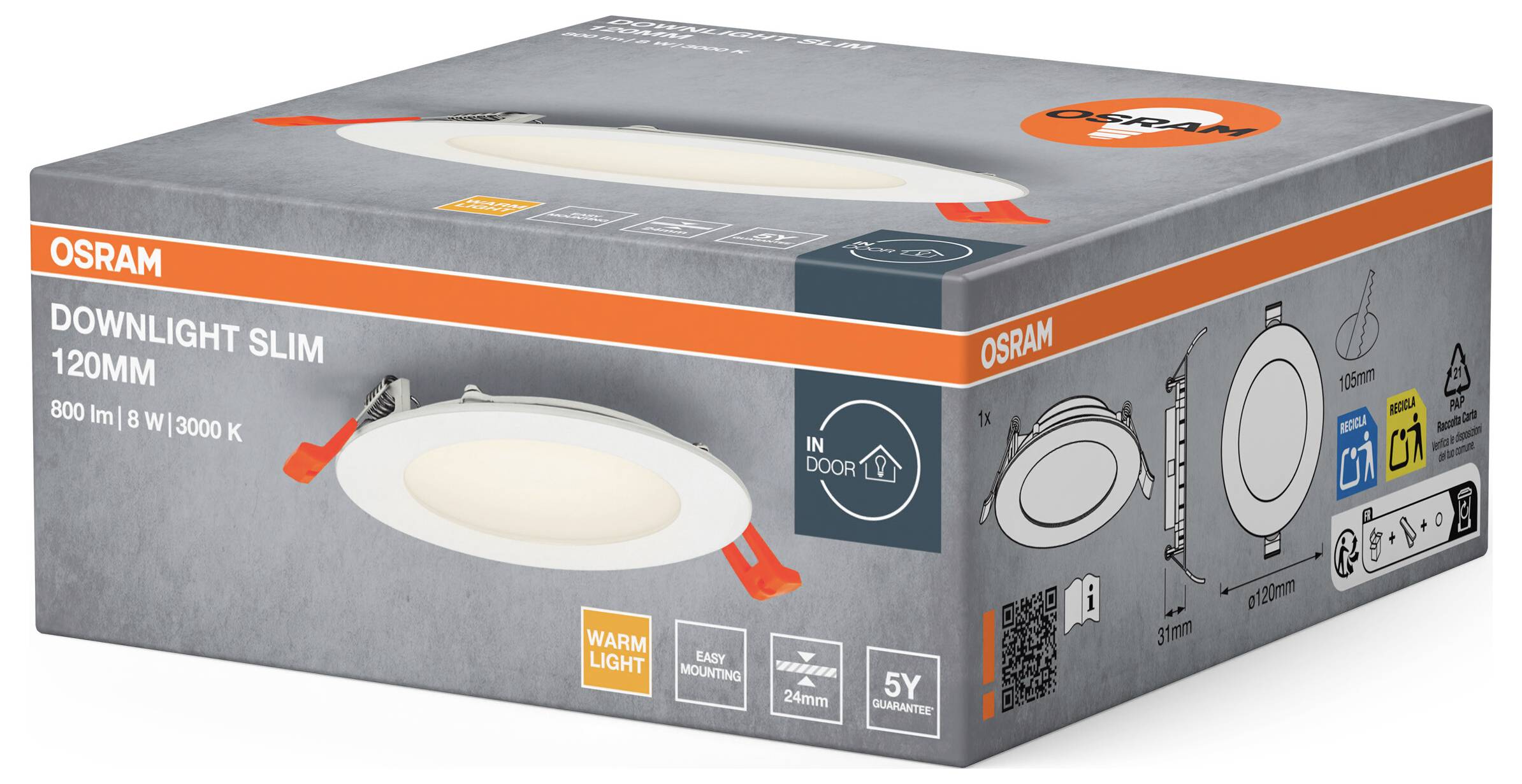 Die Verpackung zeigt eine runde, weiße LED-Einbauleuchte von Osram, 120 mm, 800 lm, 8 W, 3000 K, geeignet für Innenräume, mit 5 Jahren Garantie.