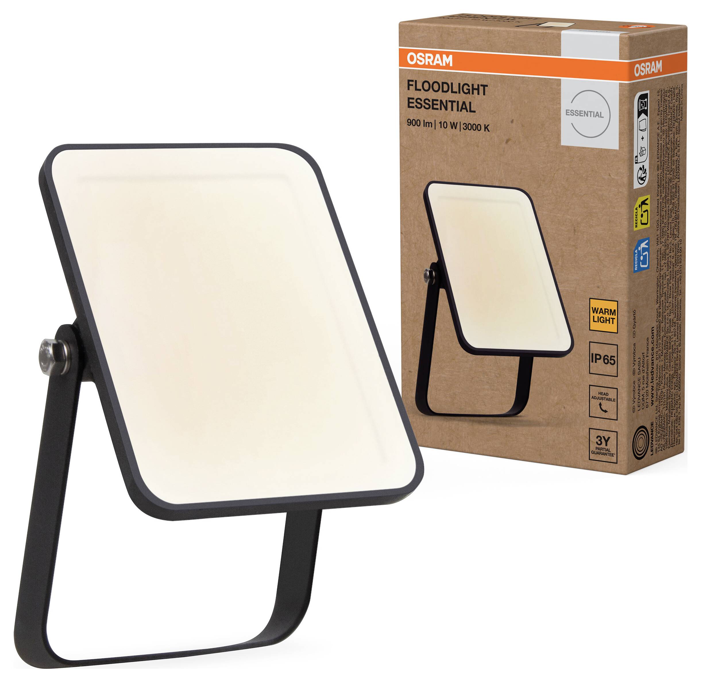 LED-Flutlicht von Osram, 900 Lumen, 10 Watt, 3000 Kelvin, IP65. Rechteckige schwarze Halterung, Verpackung im Hintergrund.