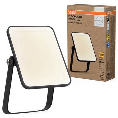 LED-Flutlicht von Osram, 900 Lumen, 10 Watt, 3000 Kelvin, IP65. Rechteckige schwarze Halterung, Verpackung im Hintergrund.