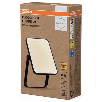 Flutlicht von OSRAM, Modell 'ESSENTIAL', 900 Lumen, 10 Watt, 3000 Kelvin. Verpackung zeigt Lampe, IP65-Schutz und 'Warmlight'-Kennzeichnung.