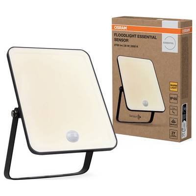 Fluter-Leuchte mit Bewegungssensor neben Verpackung, die 'Floodlight Essential' und Details wie 2700 lm, 30W, 3000K zeigt.