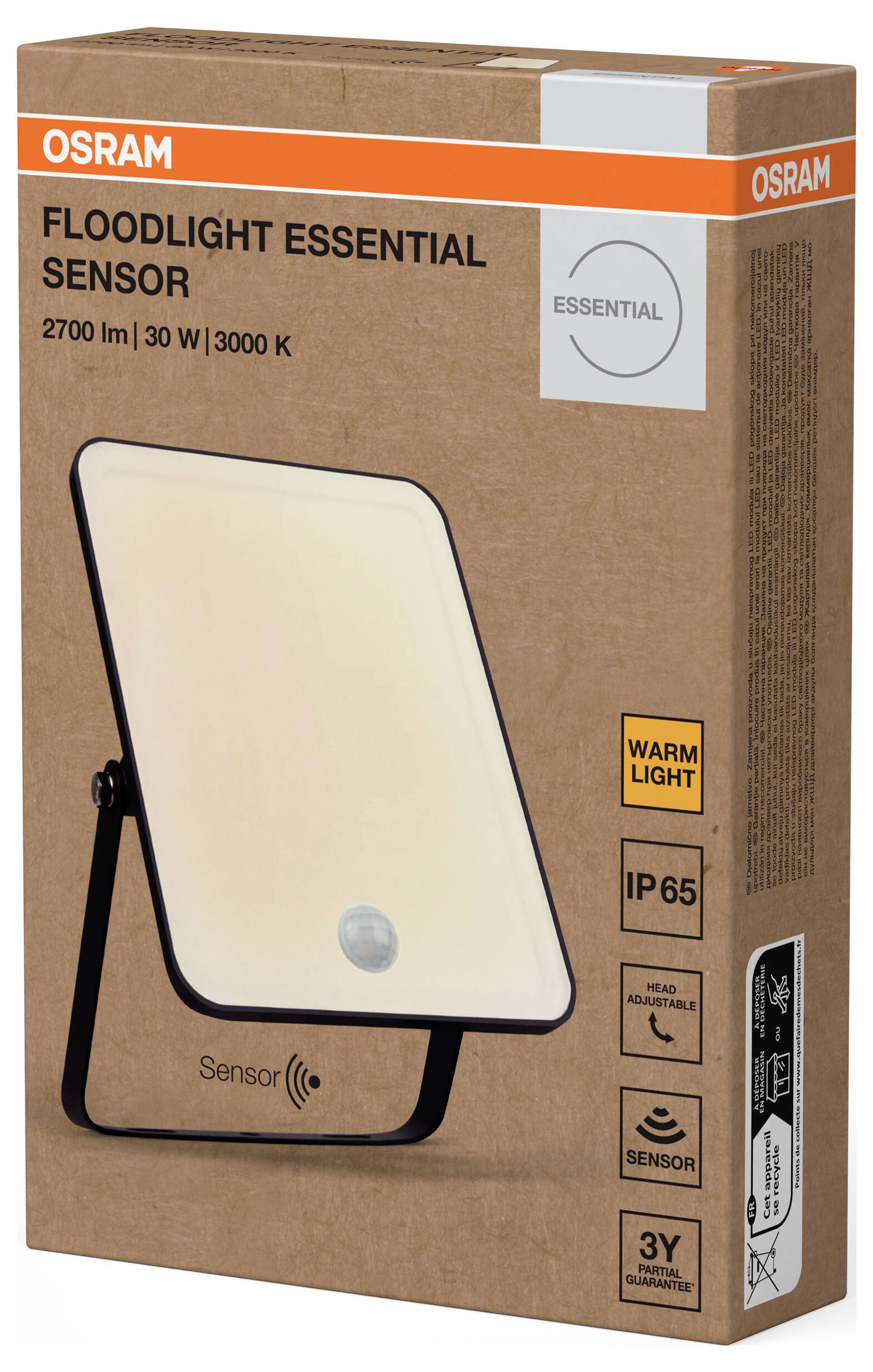 Verpackung einer OSRAM Flutlichtlampe mit Sensor, 2700 Lumen, 30 Watt, 3000 Kelvin, IP65, warmweißes Licht, für den Außenbereich.
