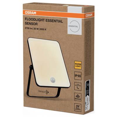 Verpackung einer OSRAM Flutlichtlampe mit Sensor, 2700 Lumen, 30 Watt, 3000 Kelvin, IP65, warmweißes Licht, für den Außenbereich.